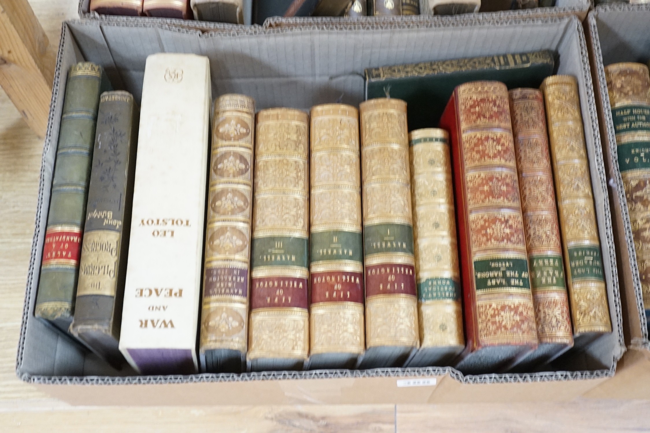Five boxes of mixed leather bound books, including History of Chrivalry, Chaucer, Stories from Wagner, War and Peace and The Conquest of Granada, including a large leather bound bible